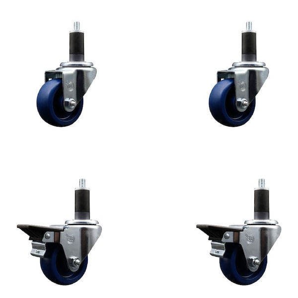 3'' Solid Poly Wheel Swivel 1-1/4'' Expanding Stem Caster Set 2 Brakes, 4PK